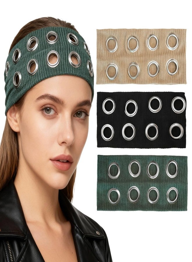 CZMZHFC Grommet Headband,Women Hollow Out Eyelets Elastic Hairband,Punk Style Rivets Headbands,Y2K Grunge Fashion Wide Head band,Stretchy Casual Hair Accessories for Women (3Pcs, Black+Green+Khaki) - Image 1